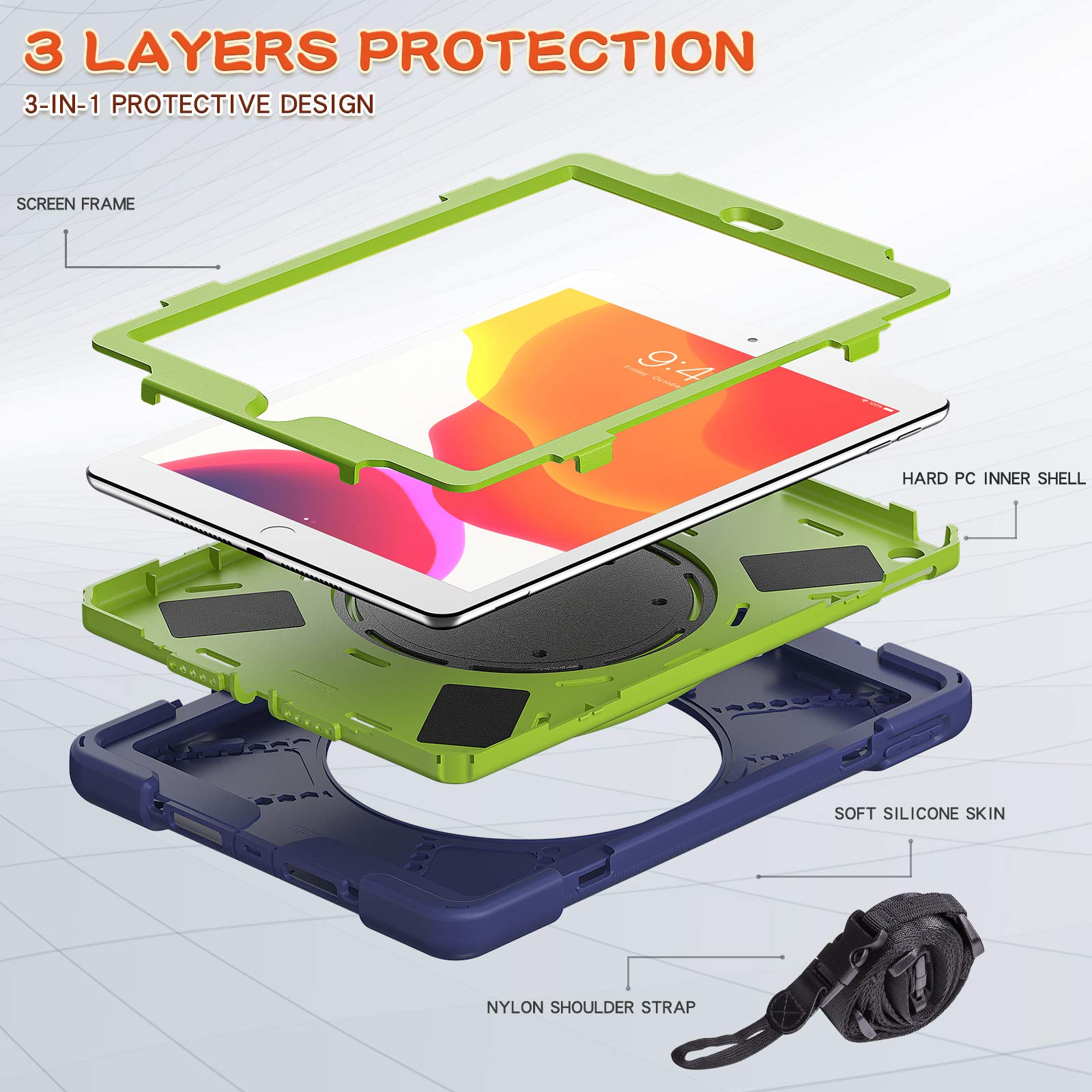 KIQ Ring Shield Heavy Duty Protective Case for iPad 9th/10.2-inch 2021 & 7th/8th Gen 10.2-inch 2019-2020 - with Apple Pencil Holder & Adjustable Shoulder Strap (Dark Blue/Lime Green) - Perfect for Travel, School & Business Use