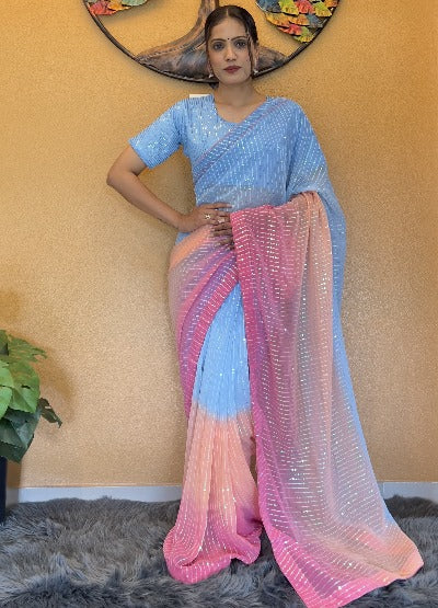 1 Minute Unicorn Sequins Georgette Stitched Ready-Made Saree - Elegant Indian Dress for Parties, Weddings & Festive Occasions