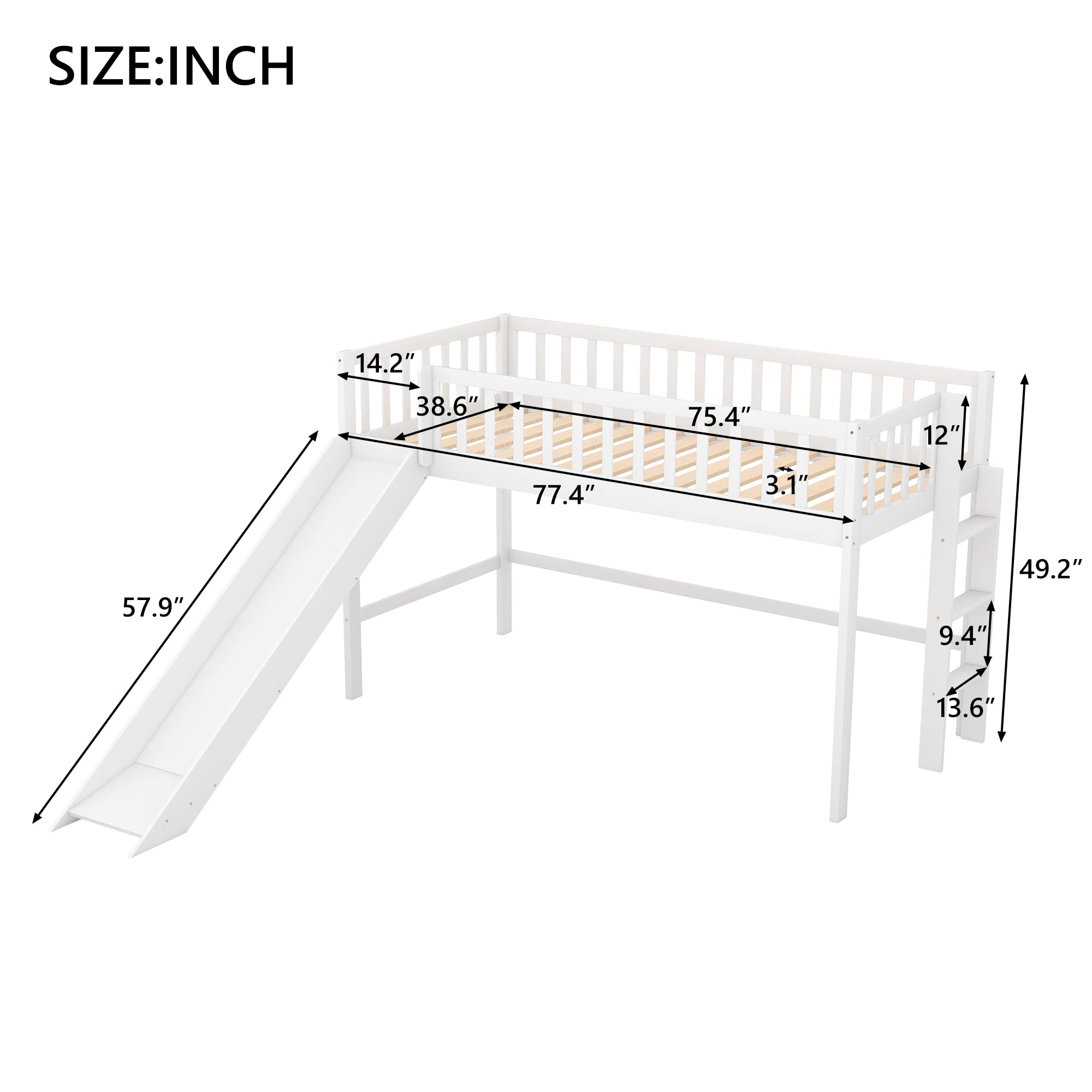 Bellemave Twin Size Wooden Loft Bed with Ladder & Slide - Kids Loft Bed with Safety Rails & Storage Space - Perfect for Small Bedrooms & Playrooms (White)