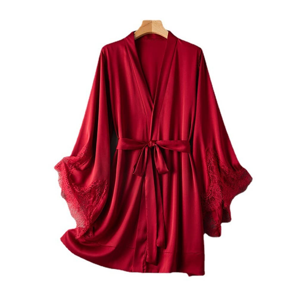 Burgundy Satin Kimono Robe for Women - Sexy Lace Nightgown, Sleepwear & Lounge Wear - One Size Red Bathrobe - Perfect for Spa, Bridal Party & Relaxing at Home