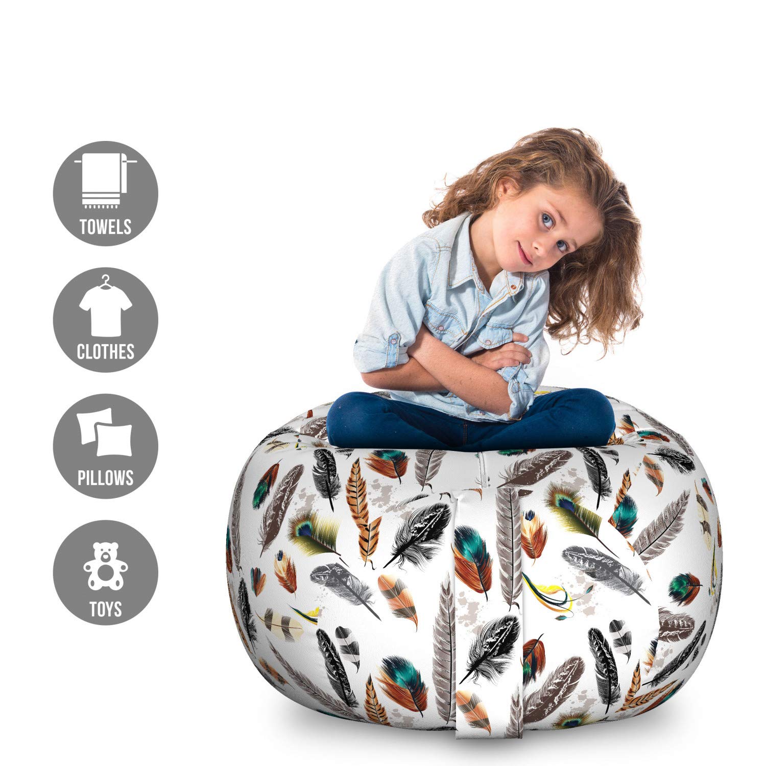 Ambesonne Feathers Storage Toy Bag Chair - Large Washable Stuffed Animal Organizer with Vivid Grey Splashes Print | Perfect for Kids' Room, Playroom & Nursery Organization
