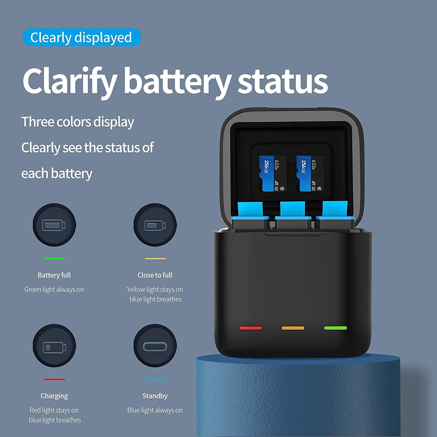 REYGEAK 3-Channel Portable Battery Charger with 3 Rechargeable Batteries for GoPro Hero 12/11/10/9 Black - Fast Charging Storage Case for Travel, Vlogging & Outdoor Adventures