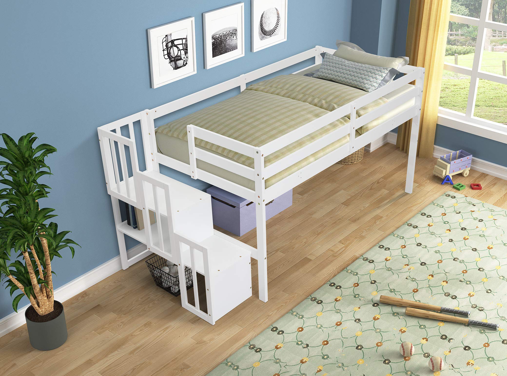 Twin Size Solid Wood Loft Bed with Staircase Storage Shelf - Kids Bunk Bed with Ladder & Shelves - Space Saving White Wooden Bed for Small Rooms - Perfect for Kids Bedrooms, Dorms & Tiny Homes