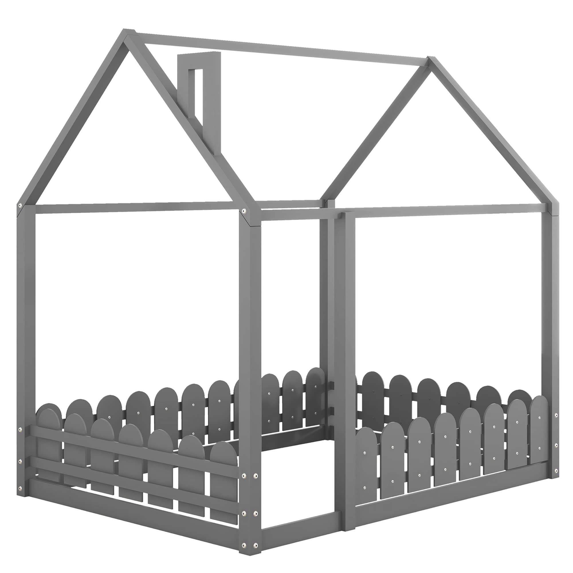 P PURLOVE Full Wood House Bed Frame with Fence-Style Guardrails for Kids & Teens - Gray (Slats Not Included) - Perfect for Nursery, Bedroom & Kids Room Decor