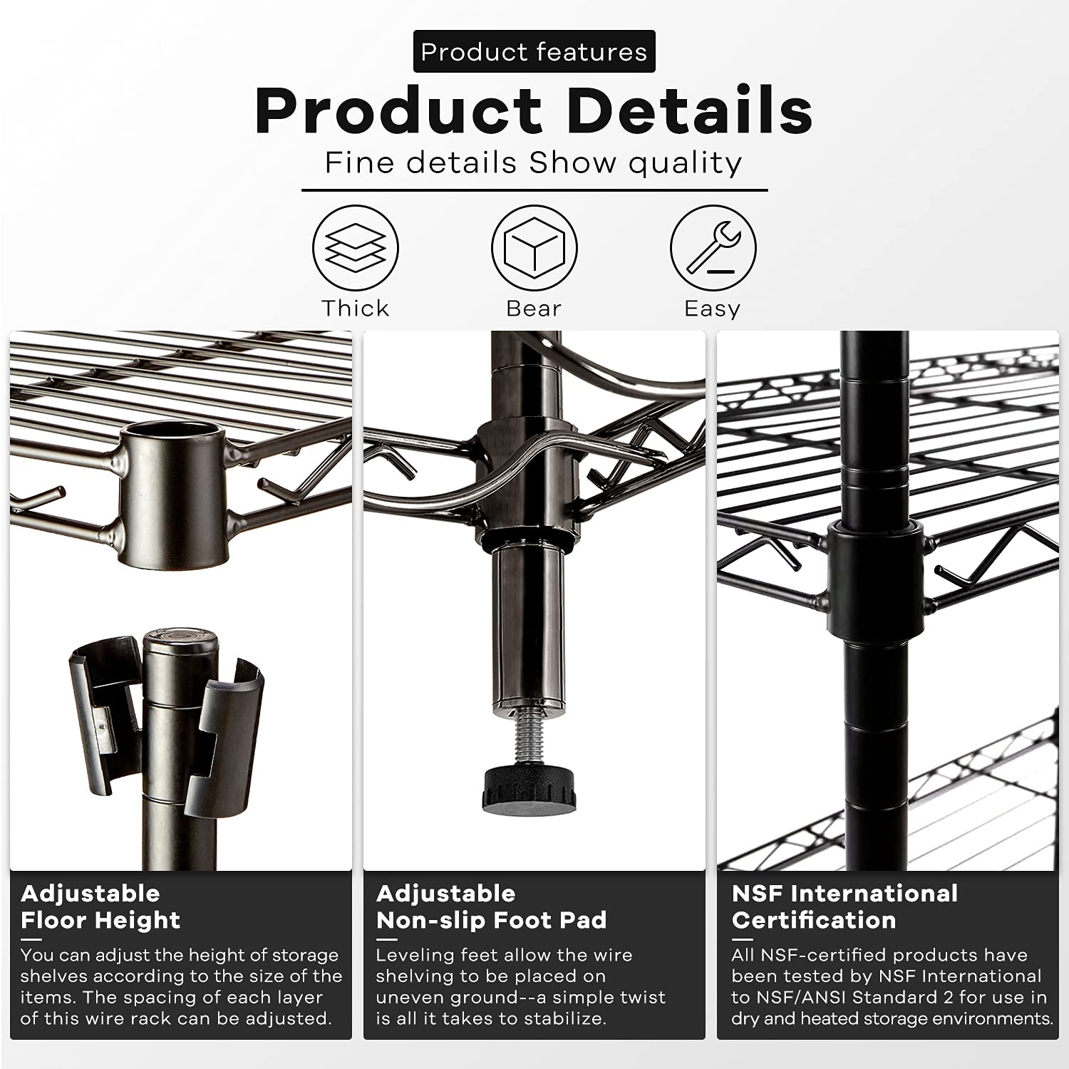 3-Tier Heavy Duty Adjustable Wire Storage Shelves - 150 Lbs Capacity Per Shelf, Metal Organizer Rack for Pantry, Garage, Kitchen (23