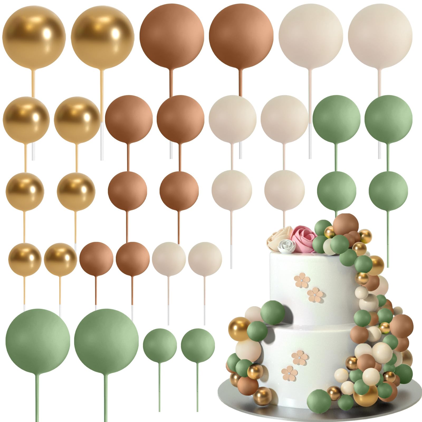 ASTARON 32 Pcs Ball Cake Topper Decorations - Mini Balloons Cake Topper Sticks, Foam Balls Cake Picks for Wedding, Birthday Party Cake Decorating (Green, Brown, Gold) - Perfect for DIY Desserts and Celebration Cakes