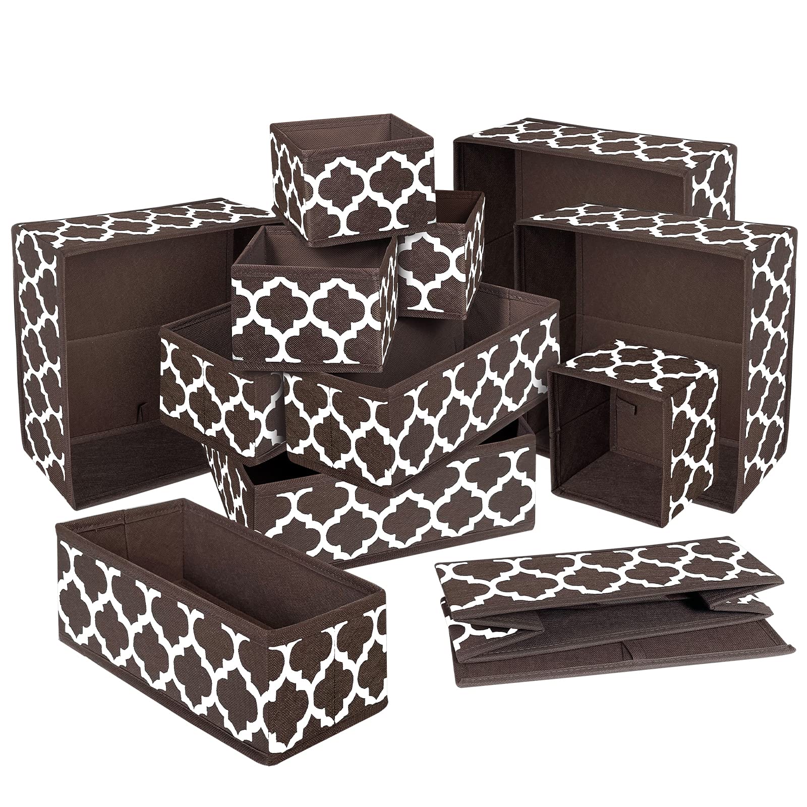 Homyfort Foldable Dresser Drawer Organizers - 12-Piece Underwear Storage Box Dividers for Bras, Socks, Ties & Scarves (Dark Coffee) - Perfect for Bedroom Closet & Travel Organization