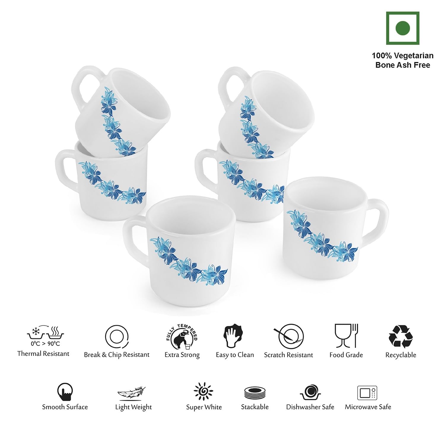 Premium CELLO Opalware Dazzle Stella Tea Cup Set - 6 Small Blue Swirl Coffee Mugs (100ml) | Heat Resistant & Lightweight Porcelain | Perfect for Tea, Coffee, Espresso | Ideal for Home, Office & Restaurant Use