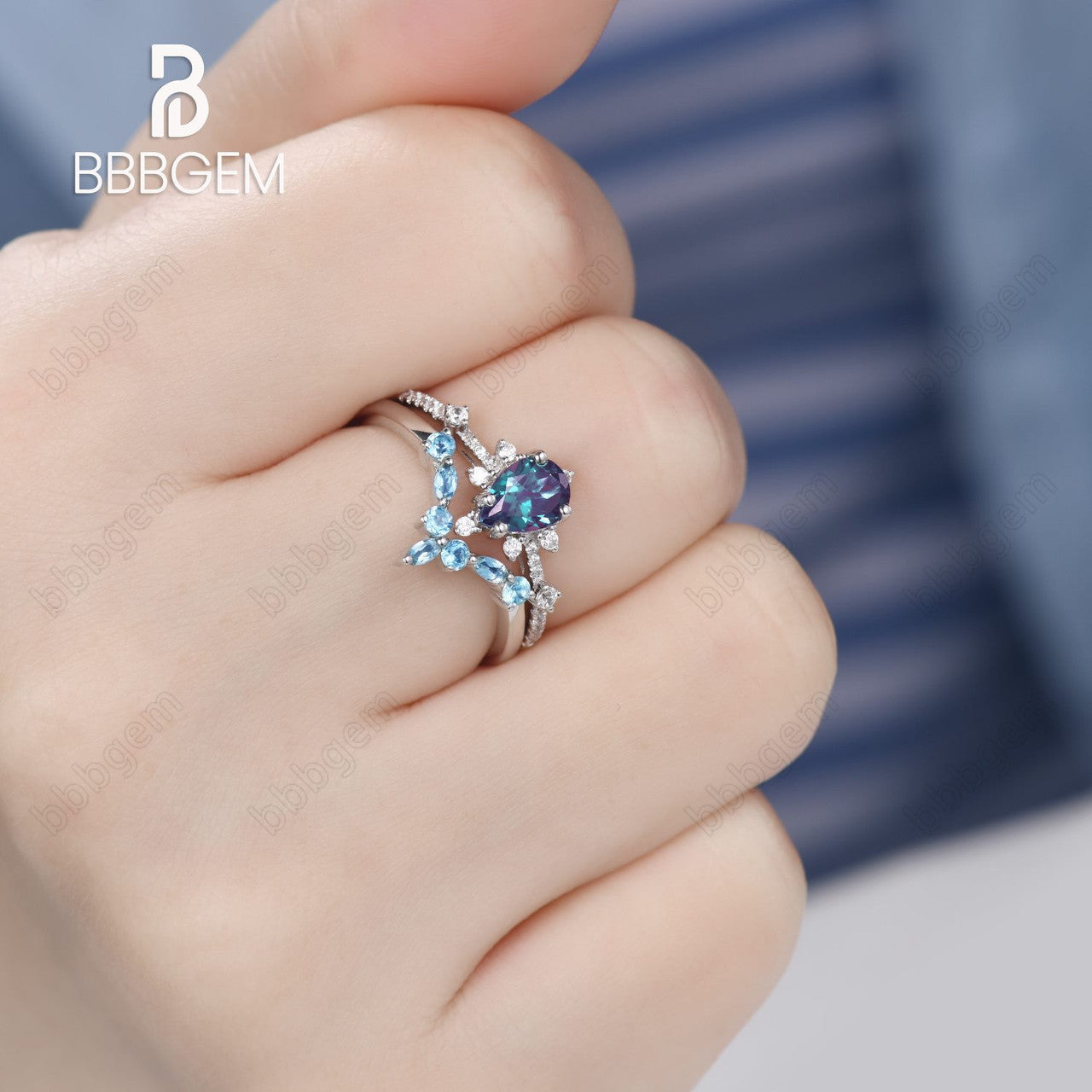 Exquisite Pear Cut Alexandrite Engagement Ring with Curved Topaz Matching Band - Perfect for Proposals, Anniversaries & Special Occasions