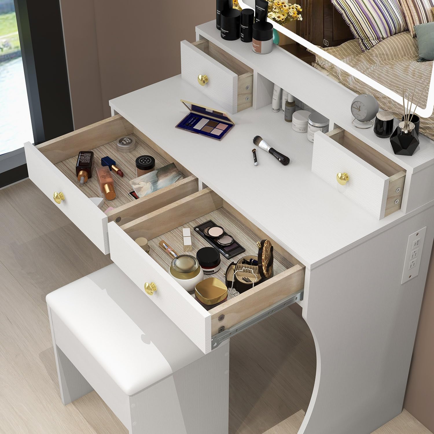 Vanity Desk Set with Adjustable LED Lighted Mirror & Stool - 4-Drawer Makeup Dressing Table with Power Outlet for Girls & Women - Perfect for Bedroom, Dorm, or Home Beauty Station (White)