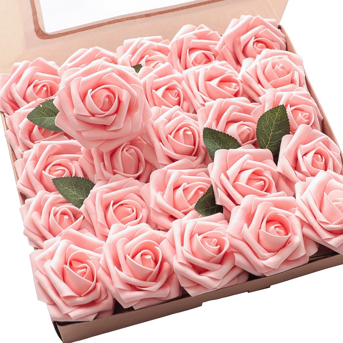 Floroom 25pcs Realistic Peach Pink Artificial Foam Roses with Stems - DIY Wedding Bouquets, Bridal Shower Centerpieces, Floral Arrangements, Party Table Decor, Home Decoration for Living Room, Bedroom & Office
