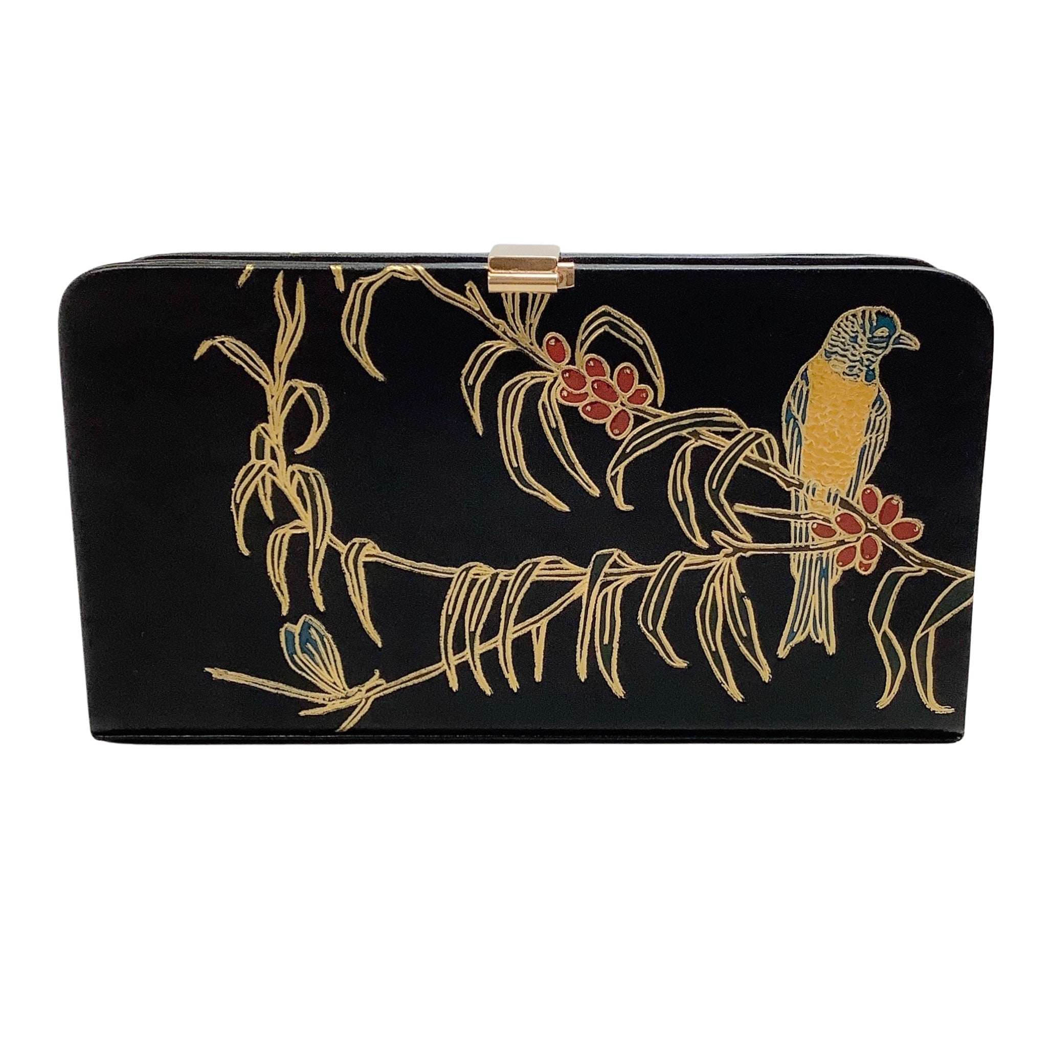 Dries van Noten Black Leather Clutch with Hand-Painted Bird Design - Elegant Evening Bag for Women, Perfect for Parties, Weddings & Special Occasions