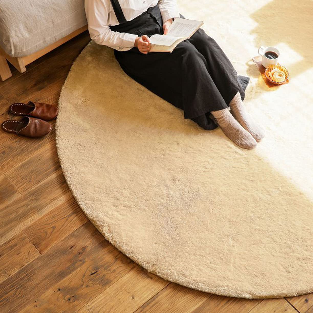 Fluffy Round Shaggy Rug - Ultra Soft & Skin-Friendly Nursery Rug for Boys & Girls Room - 6.6x6.6ft Beige Circle Carpet - Perfect for Bedroom, Playroom & Home Decor