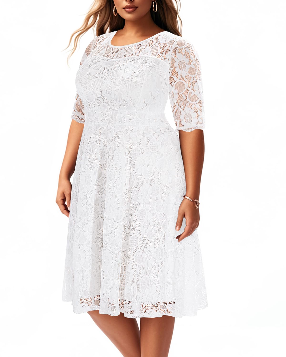 Plus Size Lace V-Neck Midi Dress for Women - Elegant Wedding Guest & Bridal Shower Cocktail Party Attire - Perfect for Semi-Formal Occasions, Date Nights & Special Events