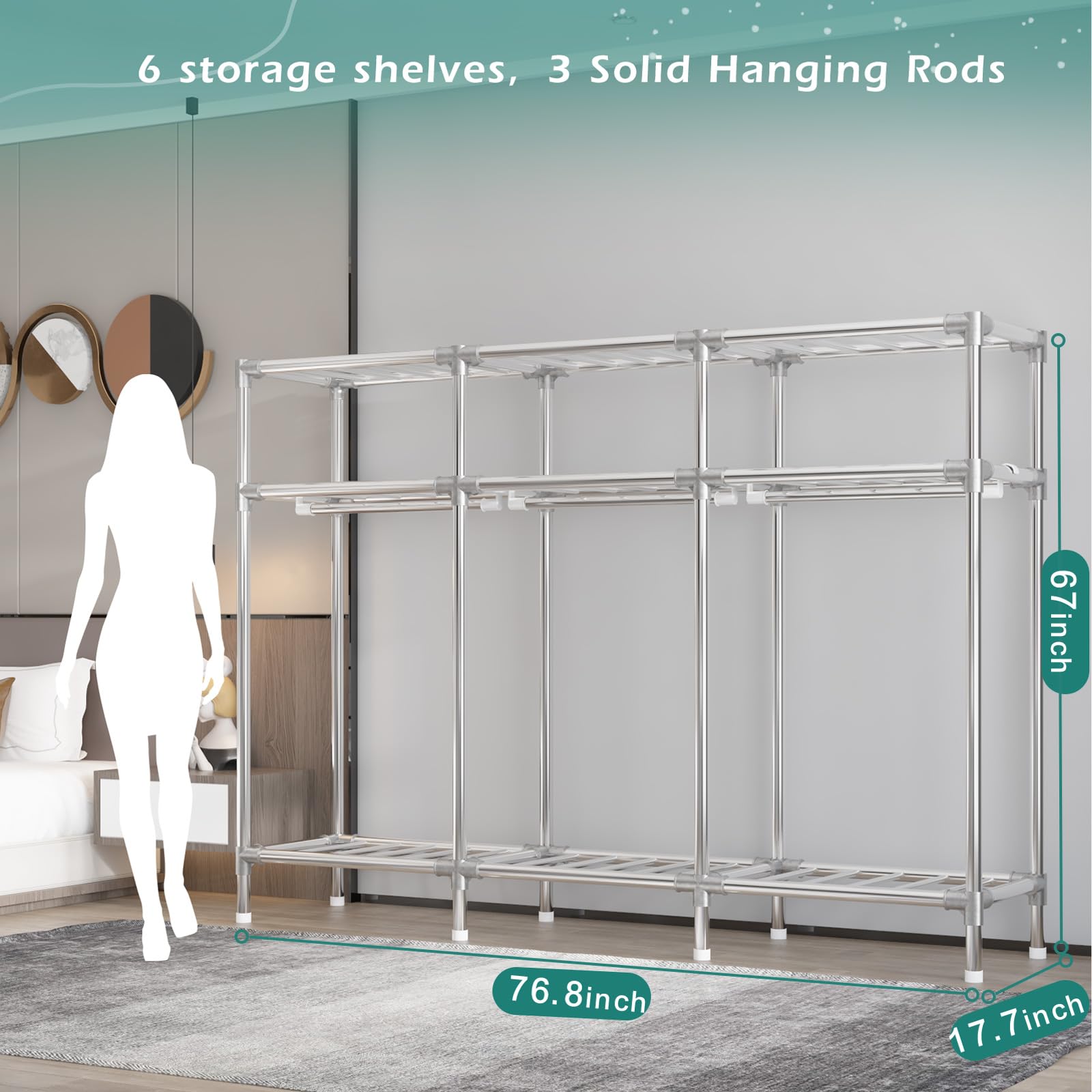 76-Inch Portable Wardrobe Closet with 23MM Thick Steel Frame & Polyester/Cotton Cover - Phantasy Blue | Heavy-Duty Clothes Storage Organizer for Bedroom, Closet, Dorm, Apartment | Space-Saving Solution for Seasonal Clothing & Accessories