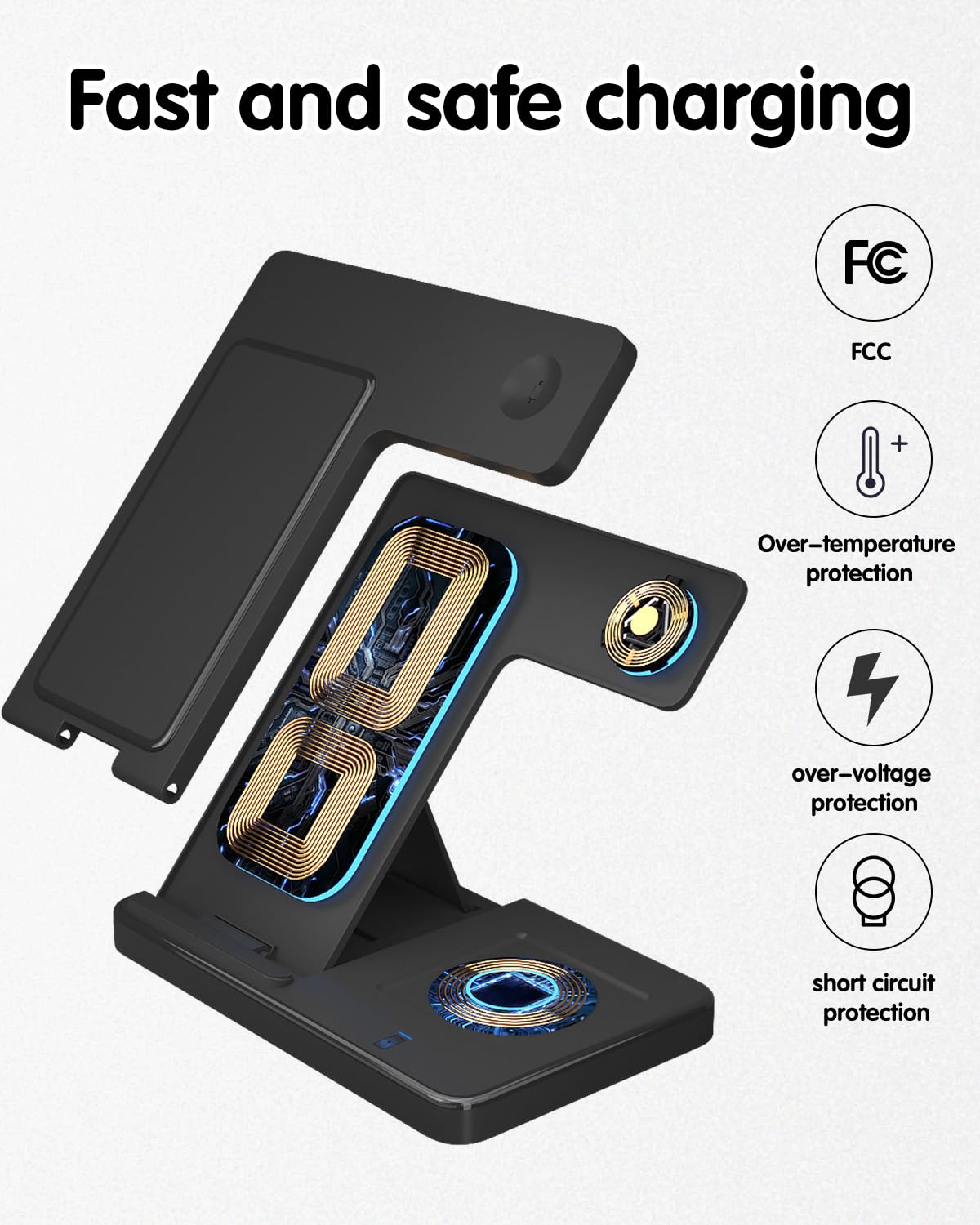 3 in 1 Wireless Charging Station for iPhone 16/15/14/13, Apple Watch & AirPods - Fast Qi-Certified Charger Stand with Night Light | Perfect for Bedside, Office Desk & Travel Accessories