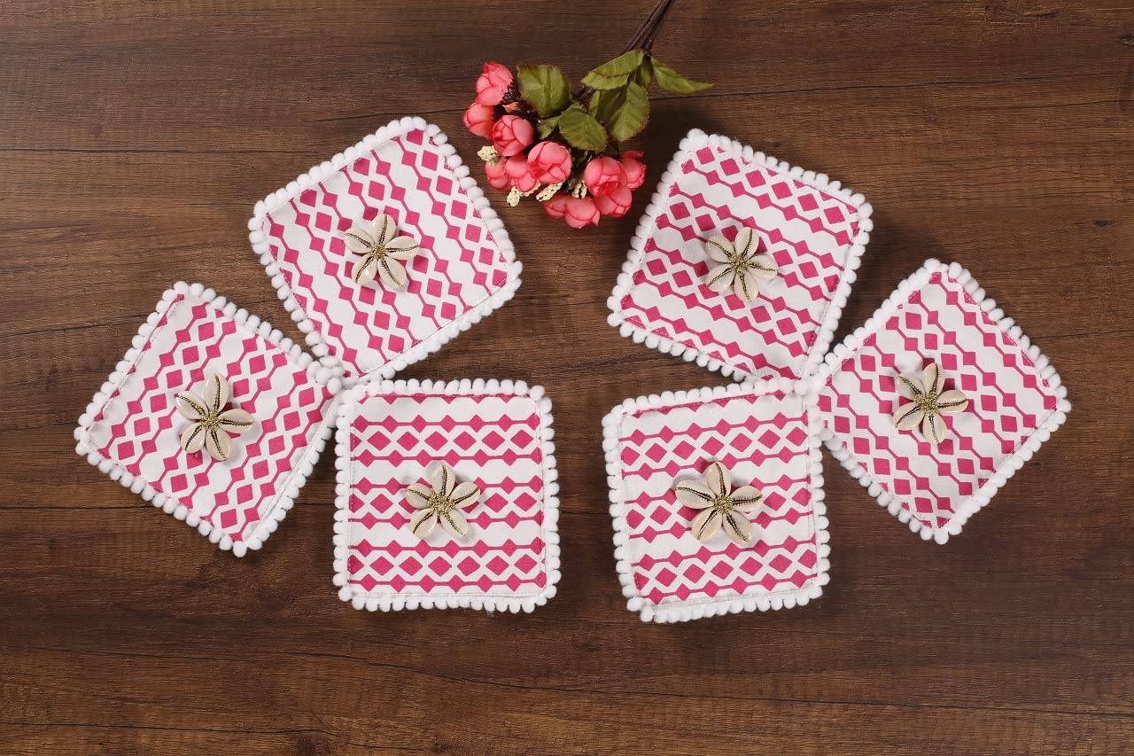 Handmade Cotton Drink Coasters Set of 6 - 5x5cm Square Absorbent Coasters for Coffee, Tea, Whiskey, Wine & Beer Glasses - Pink Bar & Tabletop Protectors for Home, Office & Restaurant Use