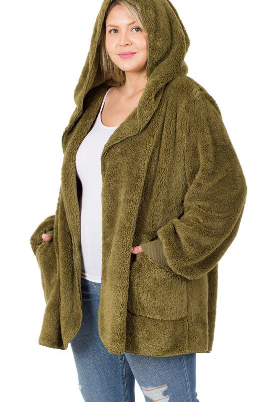 Plus Size Ultra Soft Faux Fur Hooded Sweater with Pockets - Cozy Winter Wear for Women, Warm Oversized Pullover for Cold Weather, Lounge & Outdoor Activities