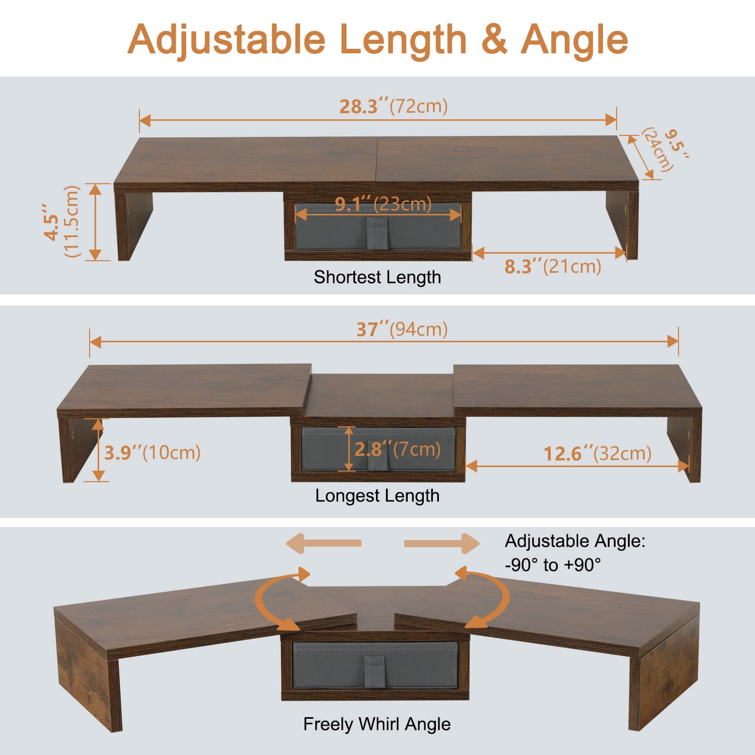TEAMIX 37-inch Adjustable Dual Monitor Stand Riser with Storage Drawer - Ergonomic Height & Angle Adjustable Desk Organizer for 2 Monitors, Laptop, PC, TV - Perfect for Home Office, Gaming Setup & Workspace Organization