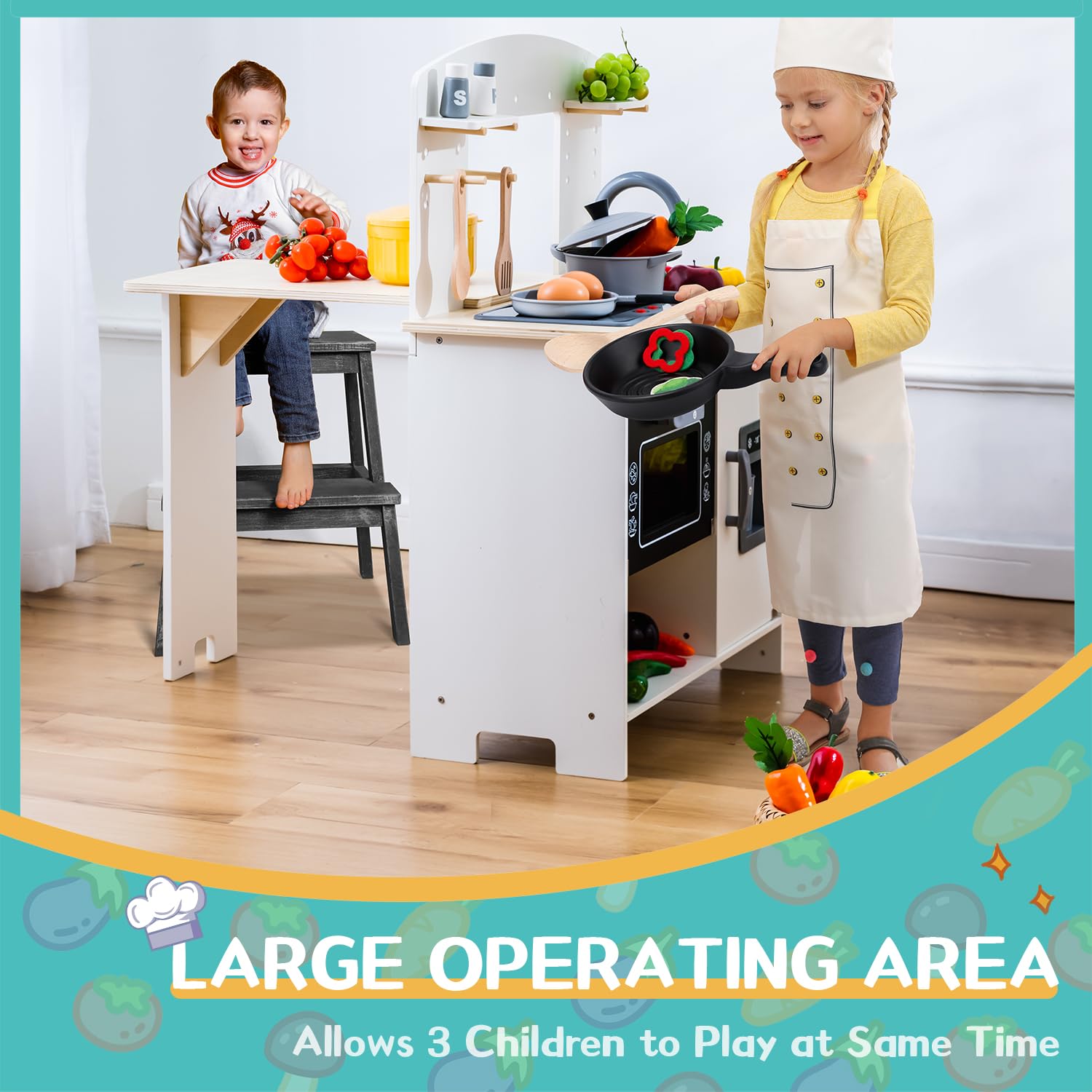 **Deli Kids Wooden Play Kitchen Set for Toddlers - Realistic Lights & Sounds, Stove, Oven, Ice Maker, Sink & Faucet - Pretend Cooking Toy for Imaginative Play & Role-Playing Fun**