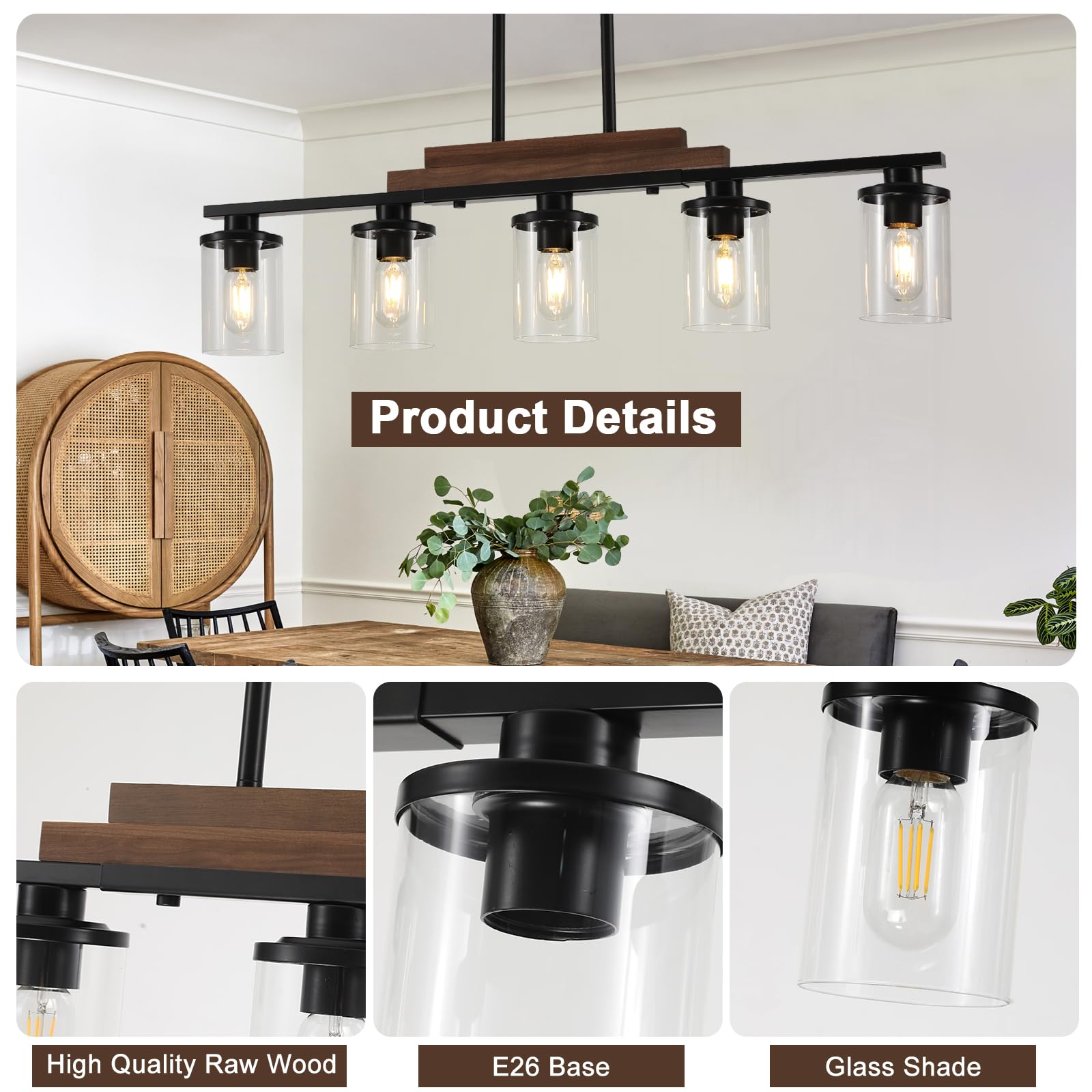 Modern Farmhouse 5-Light Linear Chandelier - Adjustable Height Kitchen Island Lighting with Clear Glass Shades, Rustic Wood Dining Room Light Fixture for Farmhouse, Industrial & Contemporary Decor (Perfect Over Dining Tables, Kitchen Islands & Open Concept Spaces)