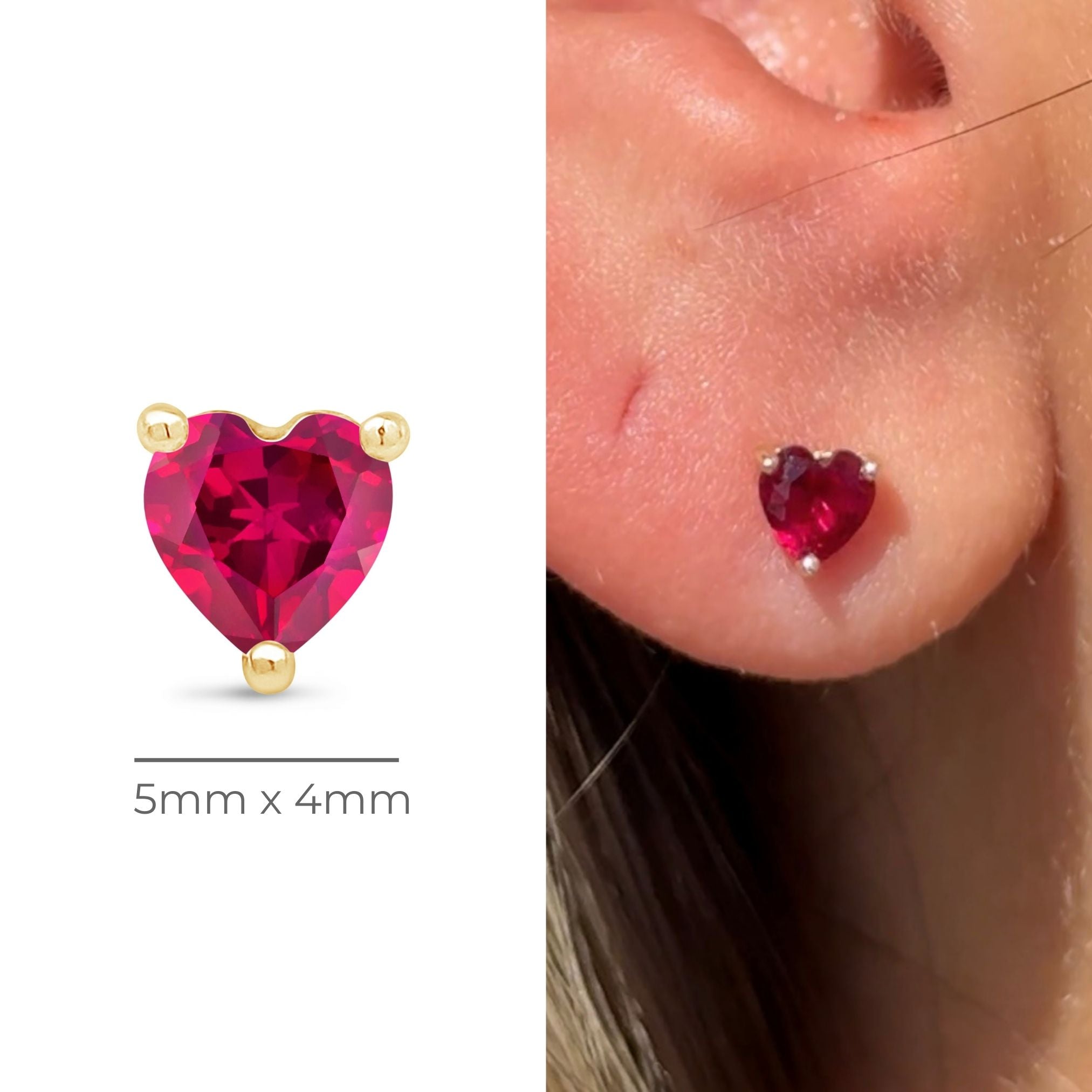 14k Yellow Gold Ruby Heart Stud Earrings for Women - Dainty & Elegant Jewelry Gift for Valentine's Day, Anniversary or Birthday