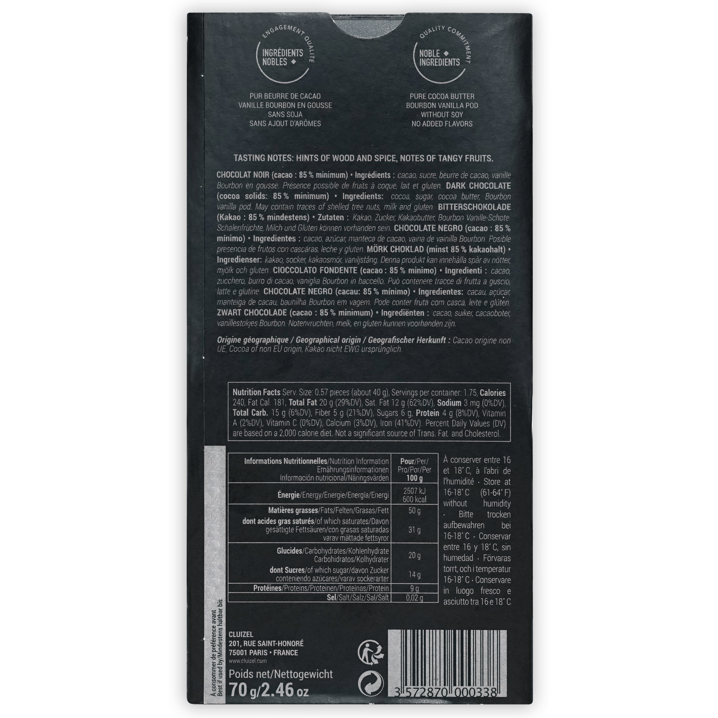 Michel Cluizel Noir 85% Dark Chocolate Bar - Premium French Gourmet Chocolate for Baking, Gifting & Desserts