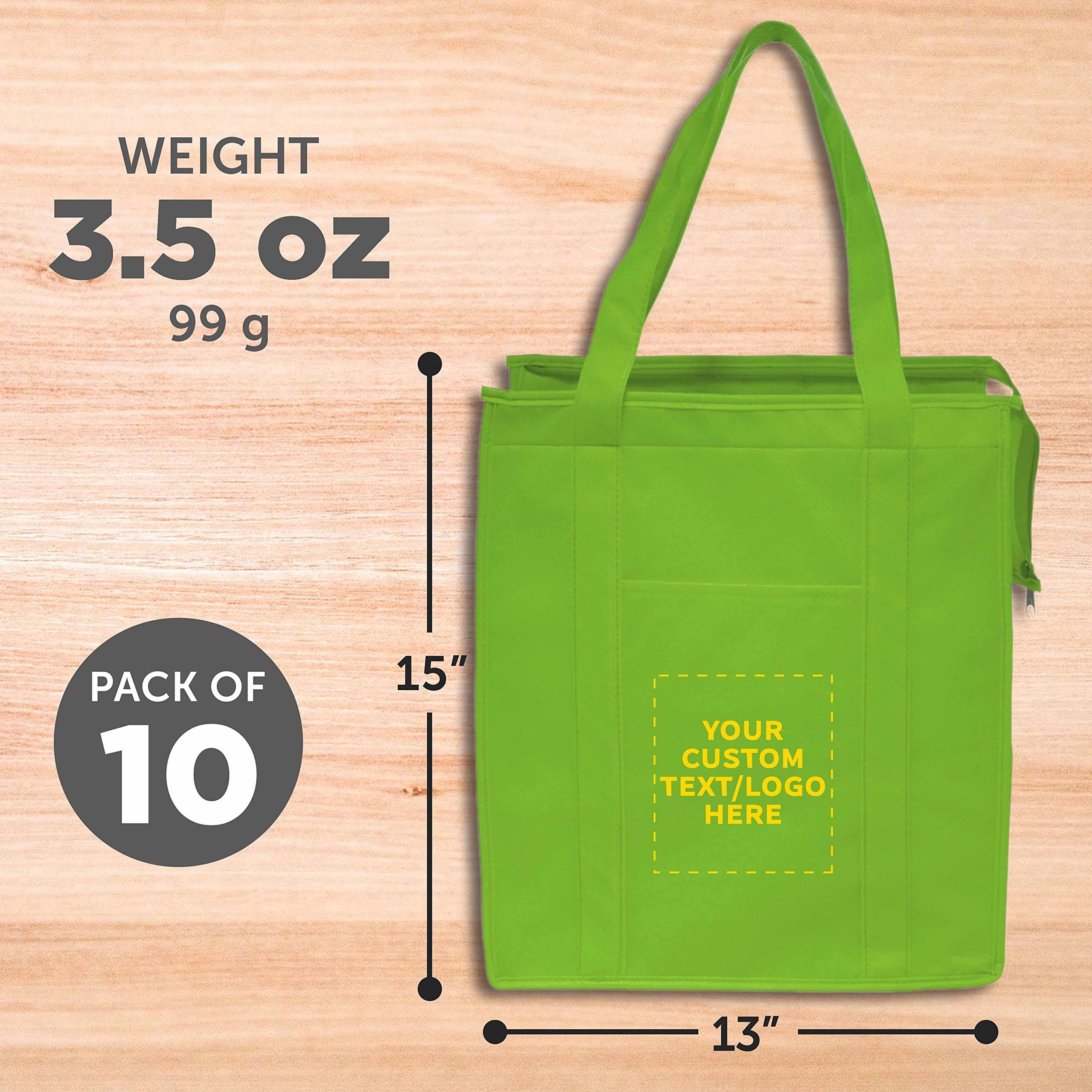 Custom Non-Woven Insulated Reusable Tote Bags - Bulk Pack of 10 Personalized Grocery Bags for Picnic, Camping, Beach & Outdoor Activities - Eco-Friendly Lime Green Shopping Bags for Groceries, Market & Travel