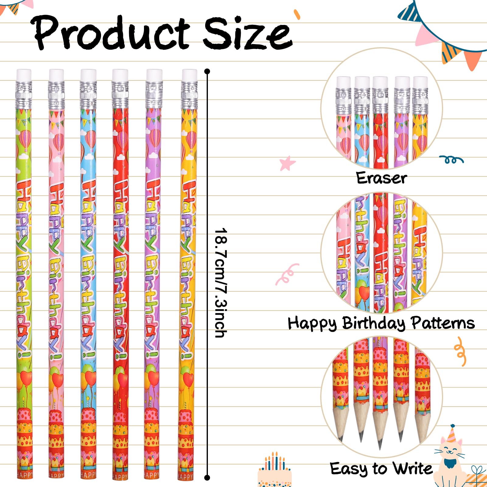 Happy Birthday Pencils - 24 Pack Wooden Pencils with Erasers for Birthday Party Favors, School Supplies & Gifts (6 Styles) - Perfect for Classroom Rewards, Party Giveaways & Celebration Decorations