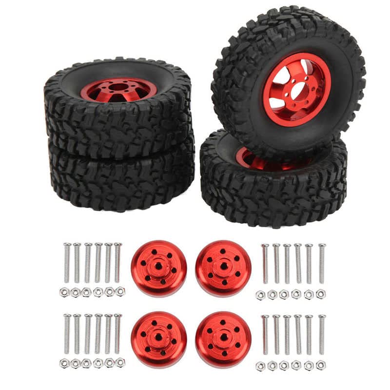 LYunce 1/16 Scale RC Car Wheels and Tires - Durable Abrasion Resistant All-Terrain Rubber Tires with Red Rims - Compatible with WPL C14 C24 RC Models - Perfect for Off-Road Crawling, Rock Climbing and Trail Adventures