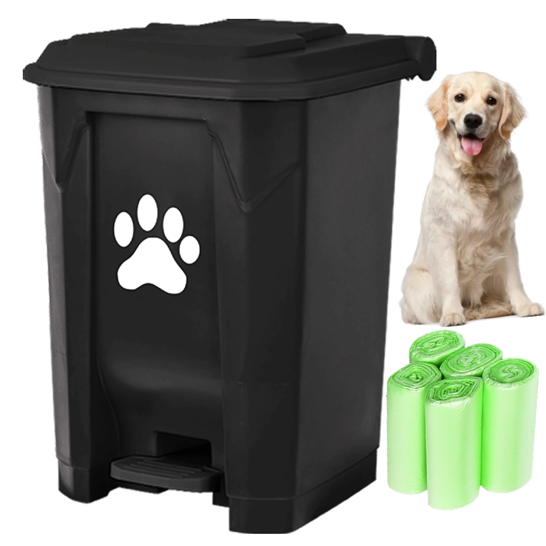 15L Black Hands-Free Pedal Dog Waste Station with Lid & Removable Inner Bucket - Outdoor Pet Poop Disposal Can for Garden, Yard & Home (Includes Waste Bags) - Ideal for Easy Dog Waste Management & Clean Outdoor Spaces