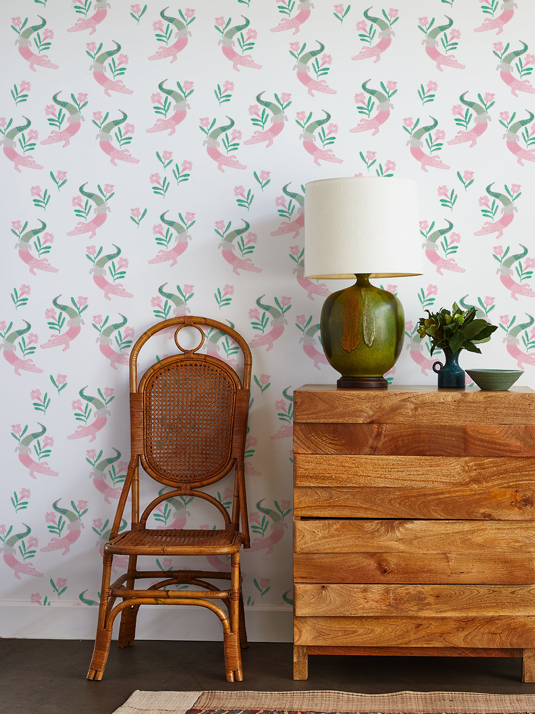 Gator Garden Wallpaper by Tea Collection - Pink Floral Peel & Stick Wallpaper for Nursery, Kids Room, Bathroom Decor