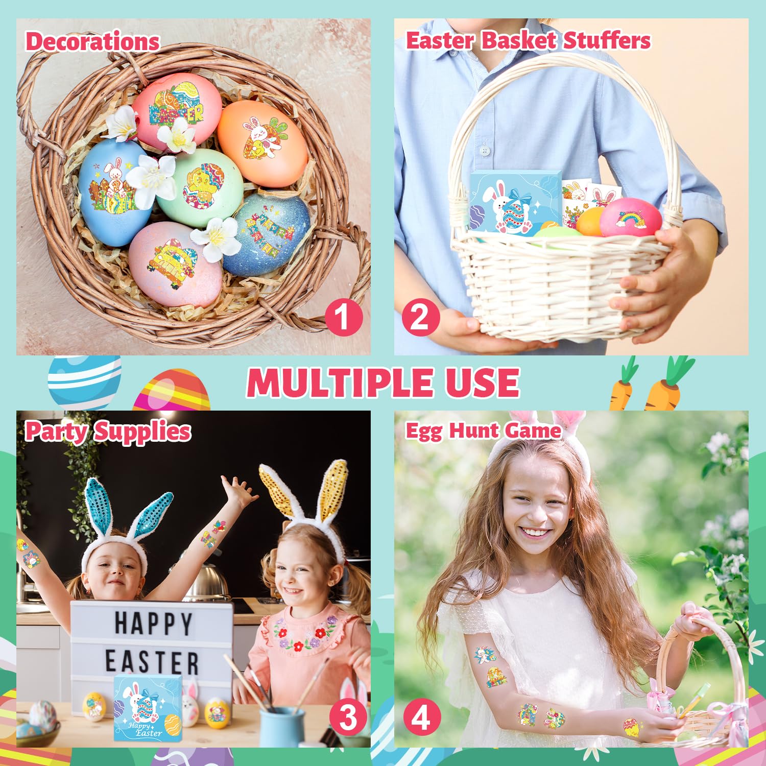 408-Piece Easter Temporary Tattoos for Kids - Glitter Bunny & Egg Stickers for Boys & Girls | Easter Basket Fillers, Spring Party Favors, Goodie Bag Stuffers | Perfect for Easter Egg Hunts, Classroom Rewards & Birthday Party Activities