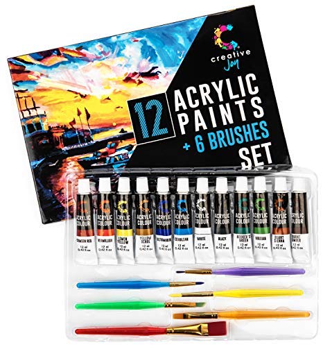 Creative Joy CJAPB01 Acrylic Paint Set with 6 Brushes - 12 Vibrant Colors for Artists, Hobbyists & Beginners (Kids to Adults) - Perfect for Canvas Painting, DIY Crafts & Home Decor Projects
