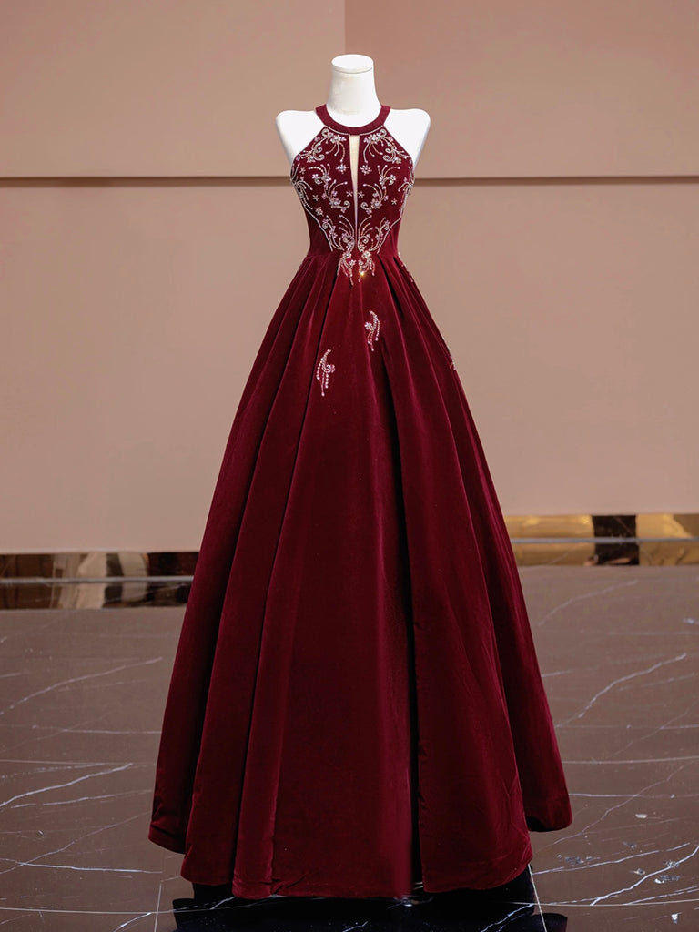 Elegant A-Line Velvet Beads Sequin Burgundy Long Prom Dress - Formal Evening Gown for Homecoming, Wedding, Ballroom Dance & Special Occasions