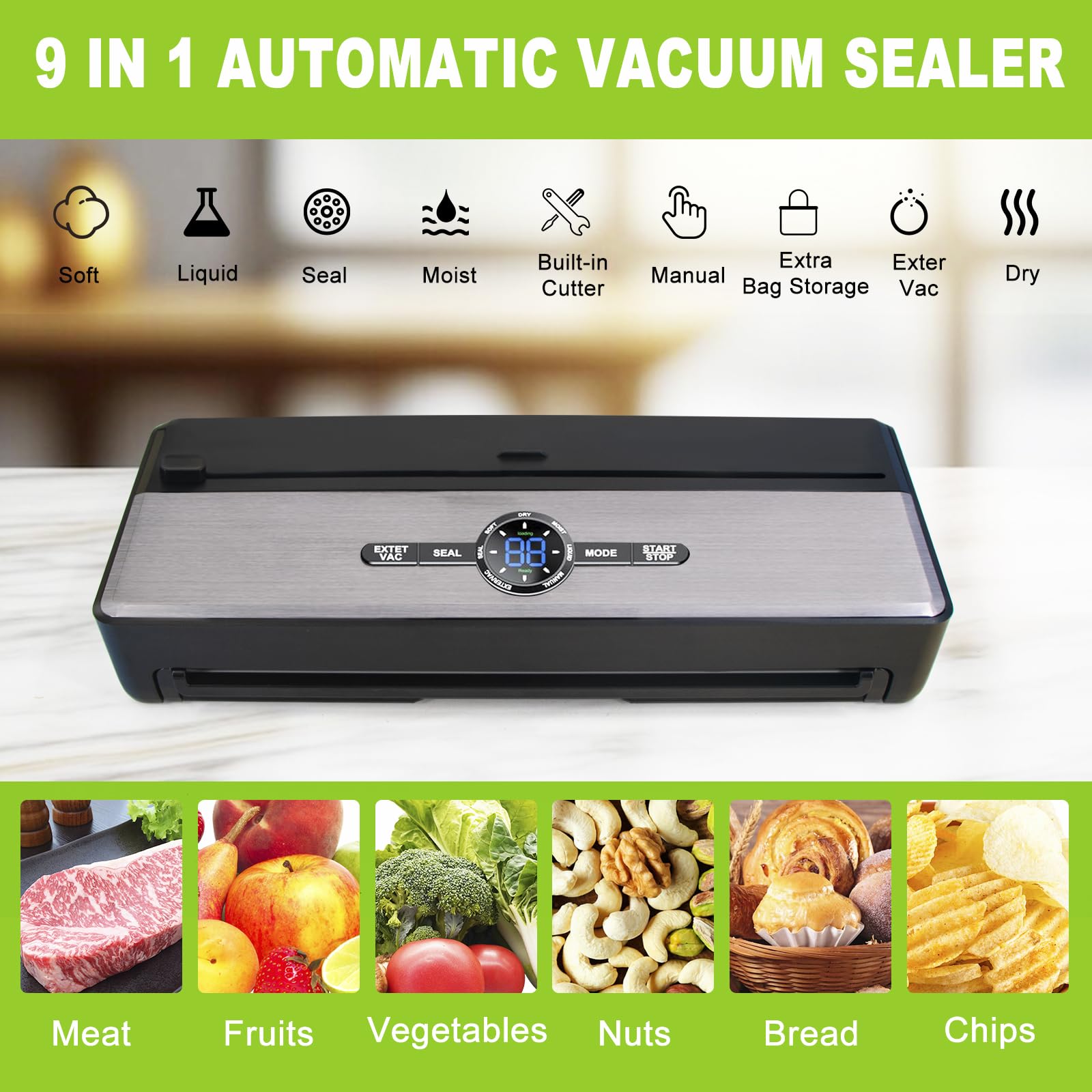 9-in-1 Automatic Vacuum Sealer Machine for Food Preservation - 85kPa Powerful Suction for Moist, Dry, Liquid & Soft Foods - Includes Cutter, Bag Storage & External VAC for Jars - Perfect for Meal Prep, Sous Vide & Extending Food Shelf Life - Comes with Starter Kit (1 Bag Roll & 10 Bags)