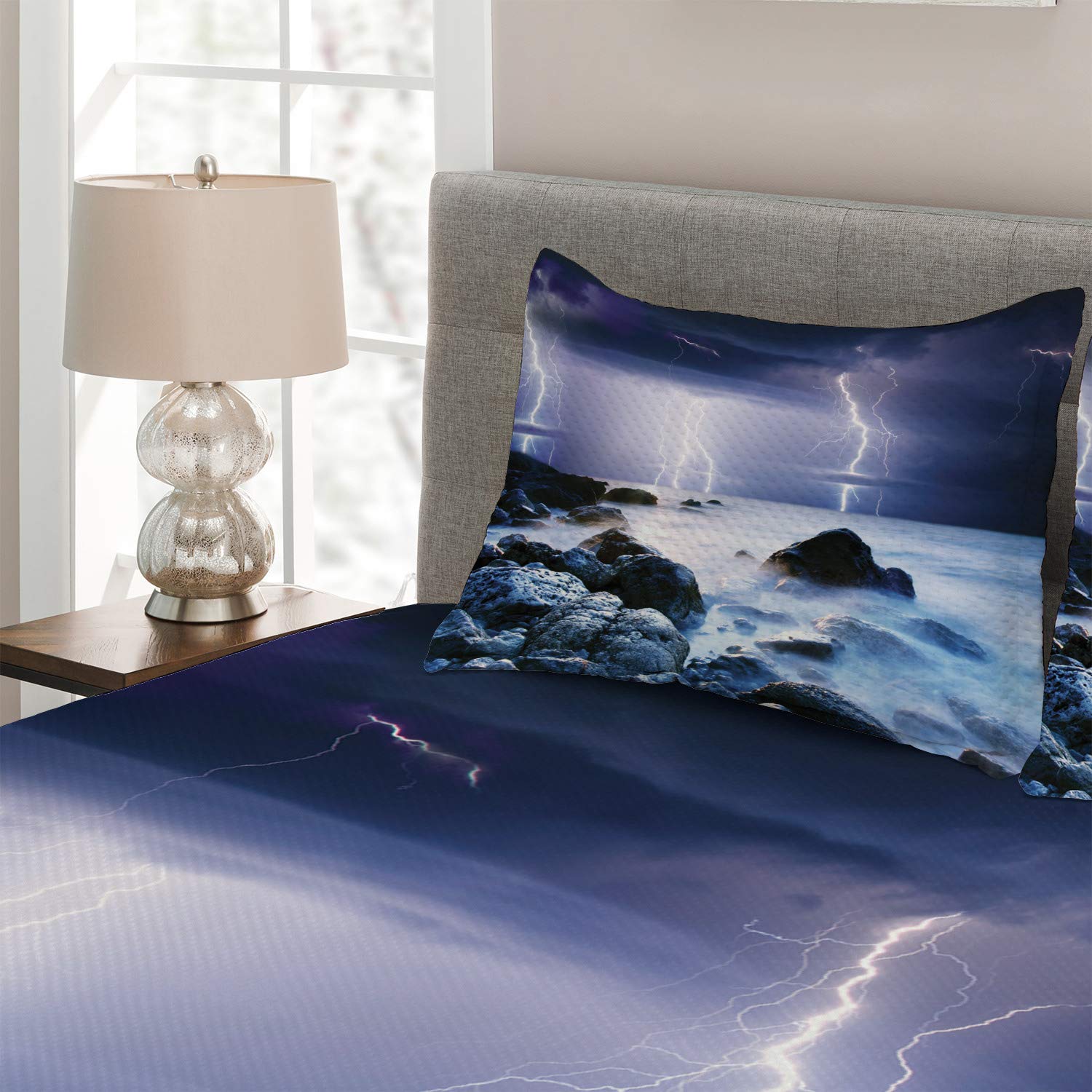 Ambesonne Nature Coverlet - 3-Piece King Size Quilted Bedspread Set with 2 Pillow Shams, Summer Storm Ocean Theme in Purple & Grey | Perfect for Coastal Bedrooms, Guest Rooms & Weather-Inspired Home Decor