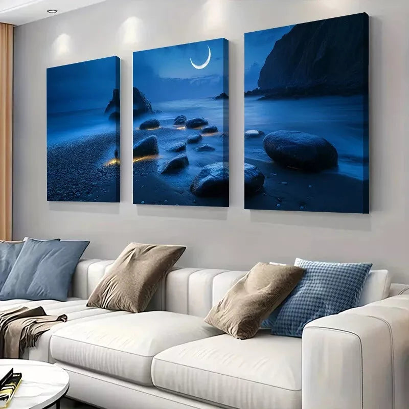 3-Piece Tranquil Ocean Shore with Crescent Moon Wall Art Set - Framed Canvas 40x60cm | High Quality Print | 100% Australian Made | Ready to Hang | Perfect for Living Room, Bedroom & Office Decor