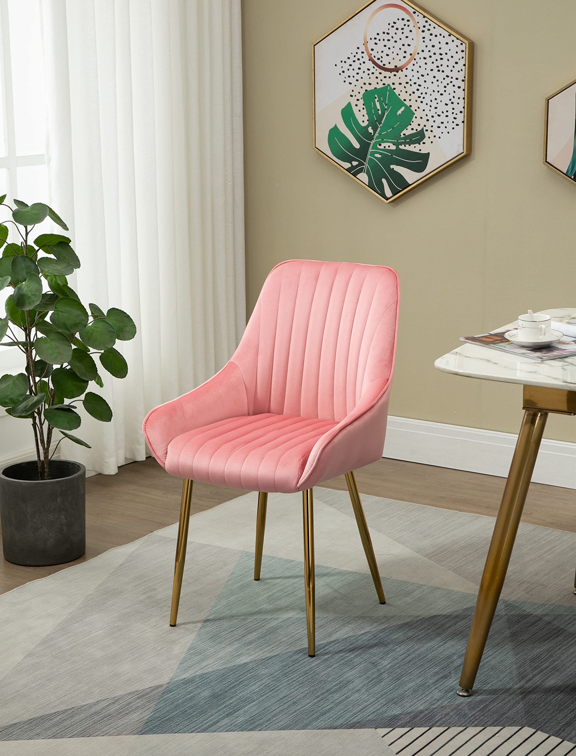 Velvet Upholstered Dining Chair with Gold Legs - Elegant Tufted Living Room, Bedroom Vanity & Desk Chair - 250lbs Weight Capacity - Perfect for Dining Rooms, Home Offices & Bedroom Decor (Pink)