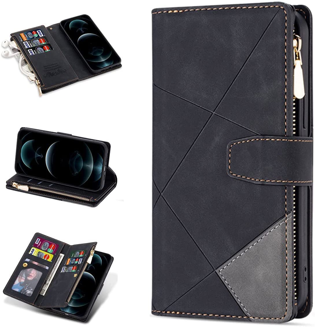 Premium Leather Wallet Case for Samsung Galaxy S22 Plus - 9 Card Slots with Zipper Pocket & Handbag Wristlet | Stylish Flip Cover for Everyday Use, Travel & Business (Black)