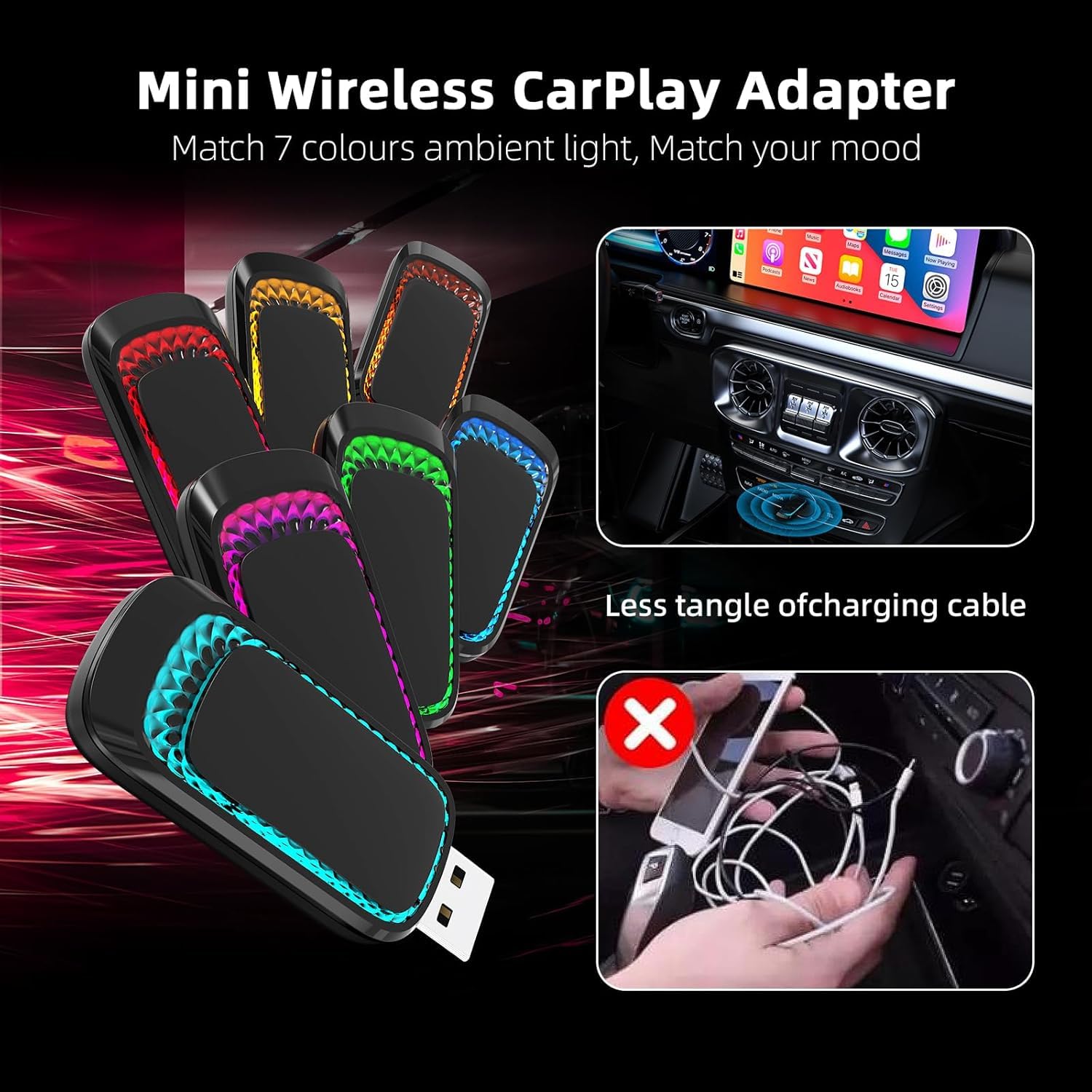 2-in-1 Wireless CarPlay & Android Auto Adapter with RGB Ambient Lighting - Fast & Stable Wired to Wireless Converter for iPhone & Android - USB-A/USB-C Compatible - Perfect for Commuting, Road Trips & Hands-Free Driving