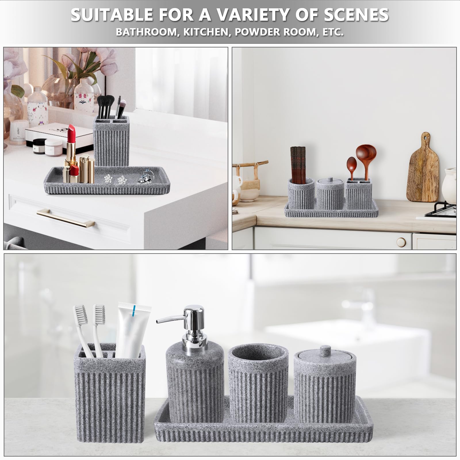 5-Piece Resin Grey Bathroom Accessories Set - Soap Dispenser, Toothbrush Holder, Tumbler, Q-Tip Holder & Vanity Tray | Modern Bathroom Countertop Organizer for Home & Apartment | Perfect for Guest Bathrooms, Master Suites & Small Space Organization