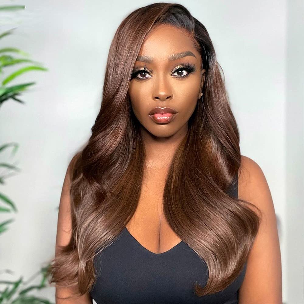 13x6 Lace Front Human Hair Wig - Body Wave Loose Wavy Ombre Brown Brazilian Remy Hair 150% Density 16
