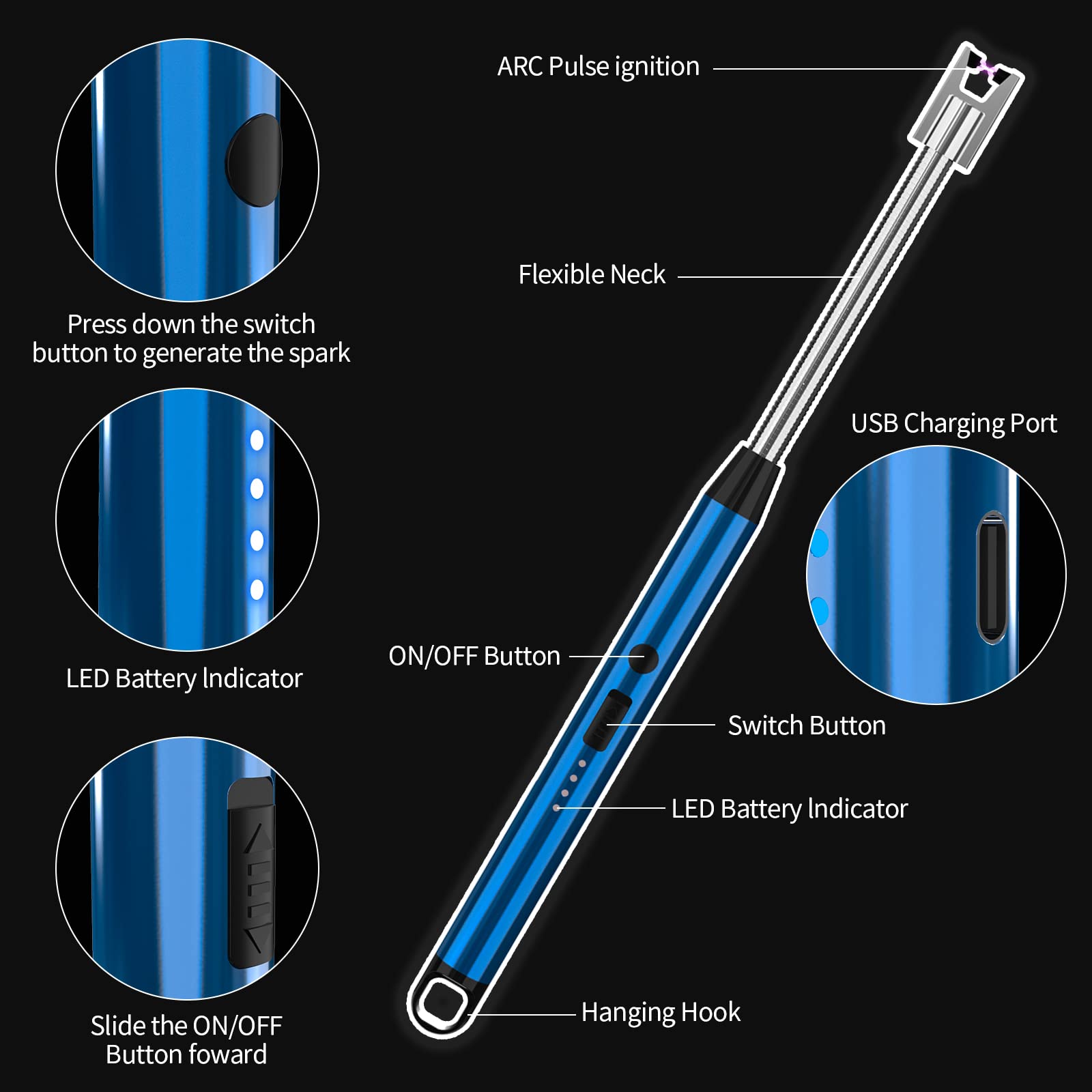 USB Rechargeable Plasma Arc Lighter for Candle & Grill - 360° Flexible Neck, Camping & Cooking (Blue)