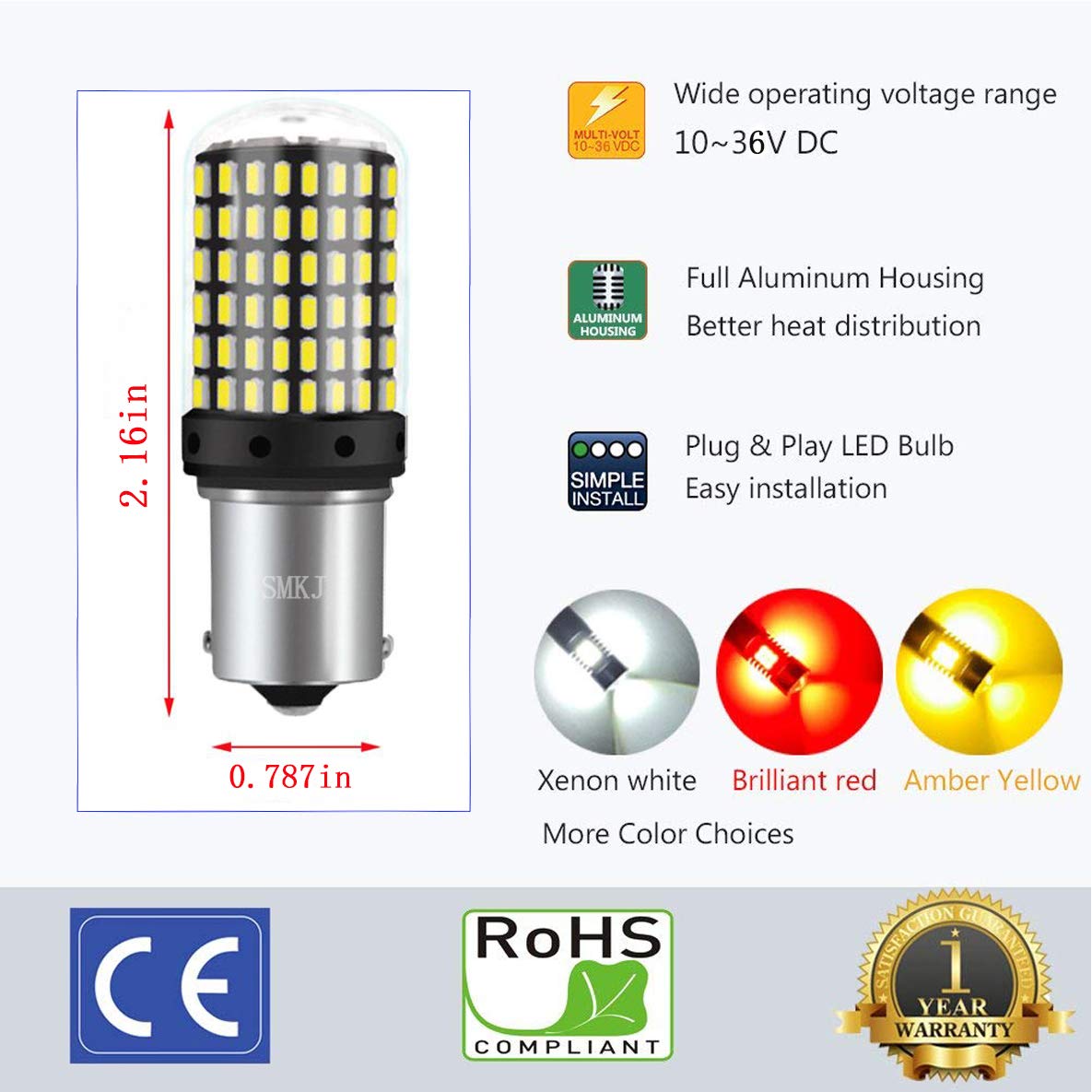 1156 LED Bulbs BA15S 1141 1003 7506 - 10V-36V Super Bright 1500 Lumens 3014 144SMD LED Replacement Bulbs for Tail Lights, Brake Lights, Turn Signals, Backup Lights, Parking Lights, Fog Lights (White) - Perfect for Cars, Trucks, Motorcycles, Boats & RVs