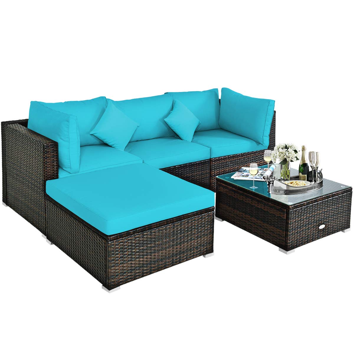 Tangkula 5-Piece Outdoor Patio Furniture Set - All-Weather Wicker Sectional Sofa with Cushions & Glass Table - Turquoise Rattan Conversation Set for Backyard, Porch, Poolside & Garden Relaxation