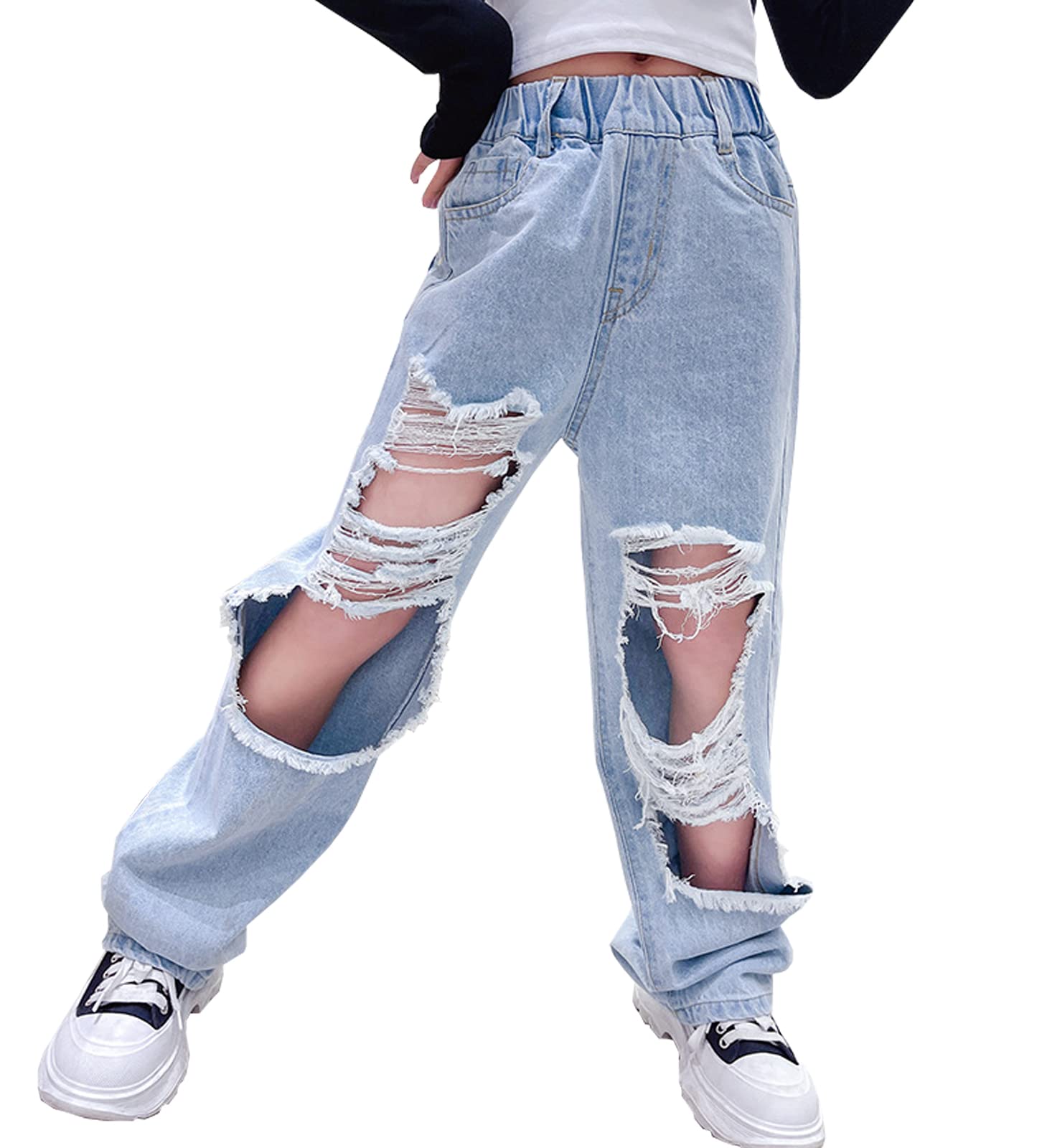 NABER Girls' Stretch Elastic Waist Ripped Jeans - Distressed Washed Denim Wide Leg Pants for Kids Age 5-15 - Trendy Casual Outfit for School, Playdates & Everyday Wear