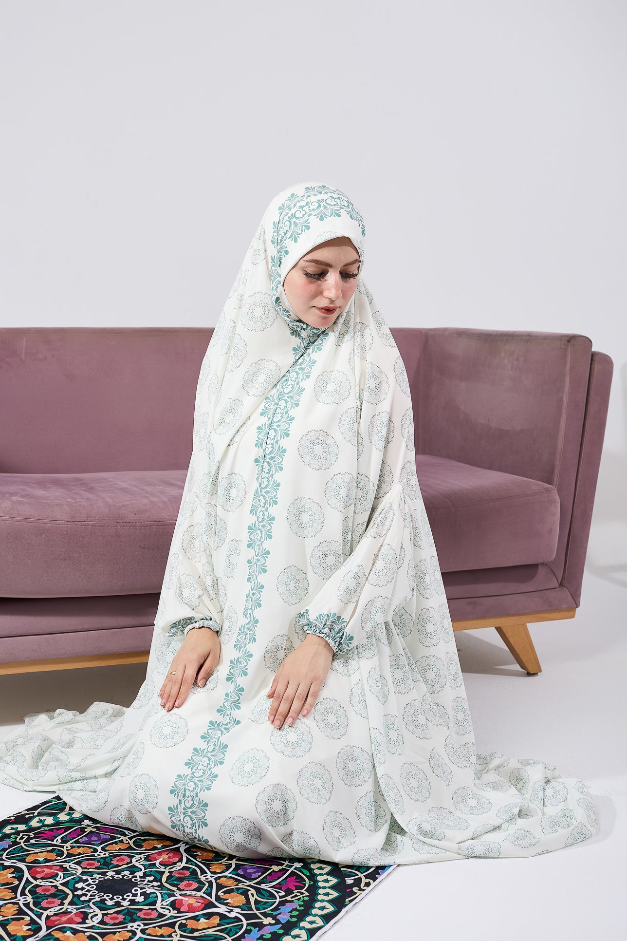 Elegant Floral Satin Prayer Gown for Women - Long Sleeve Extended Coverage Islamic Dress - Perfect for Salah, Eid, Ramadan & Special Occasions