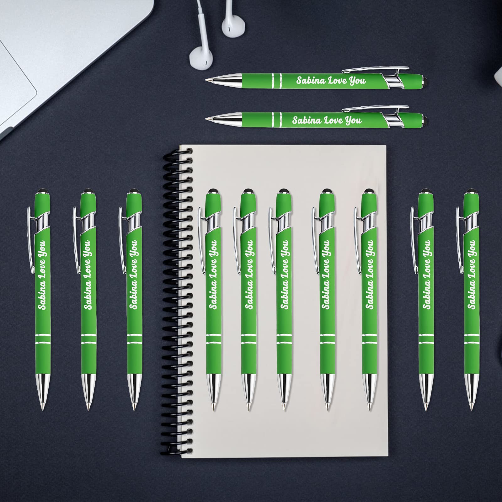 Aolun 108 Pack Custom Engraved Pens with Stylus - Personalized Metal Pens for Graduation, Birthday, Boss & Teacher Gifts - Engrave Name, Logo or Message - Soft Touch Light Green Writing Pens for Office, School & Corporate Events