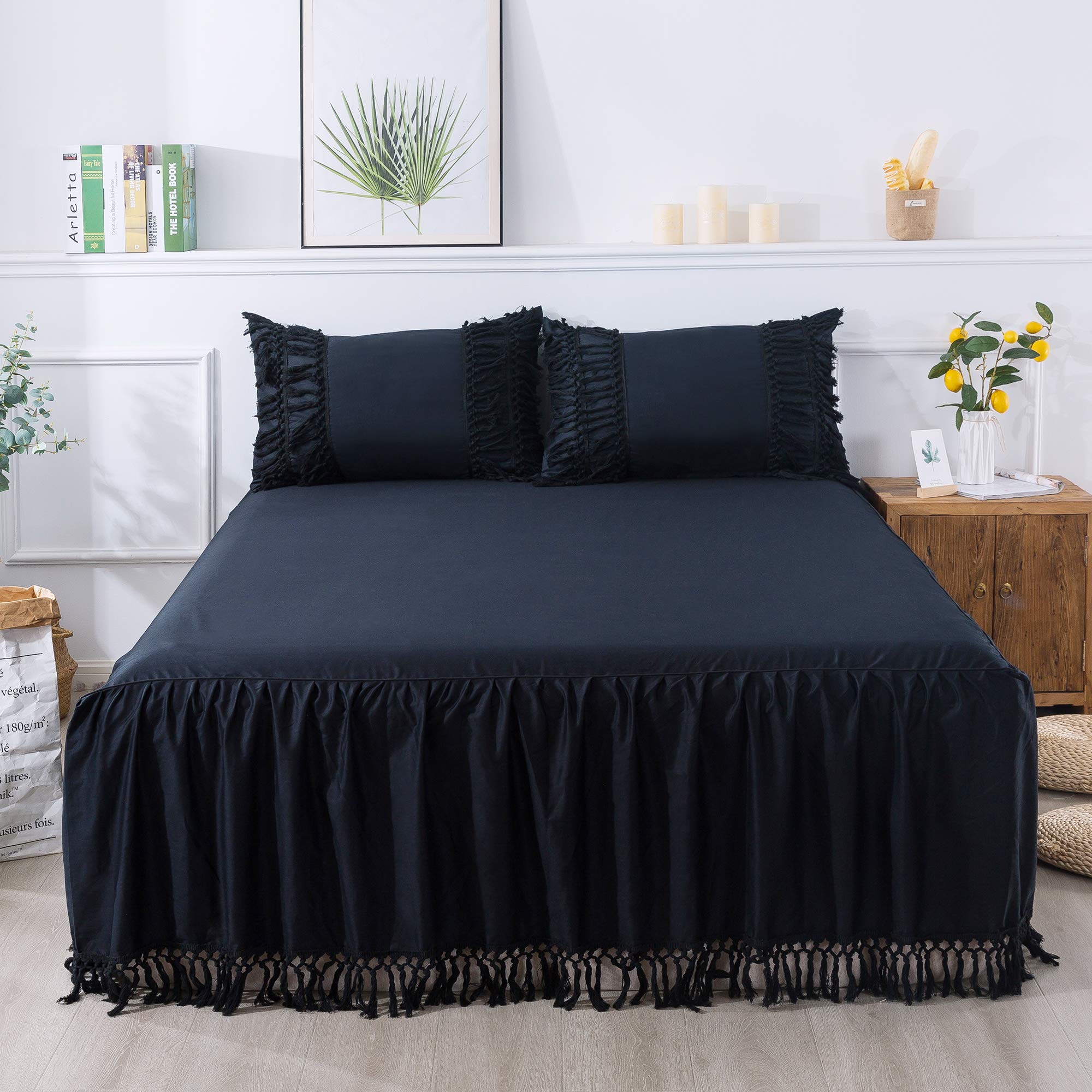 Softta Vintage Full Ruffle Tassel Bed Skirt - 100% Washed Cotton Boho Bedding for Girls & Women - Solid Black - Perfect for Bohemian Bedrooms, Guest Rooms & Dorm Decor